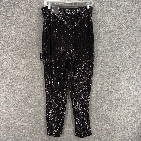 New Express Pants Women M Medium Black Sequin High Rise Ankle Flat Front Casual - Picture 2 of 11